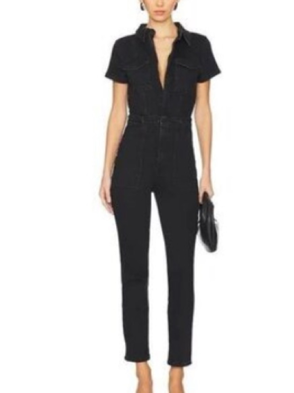 Good American Fit for Success Black Short-Sleeve Denim Jumpsuit